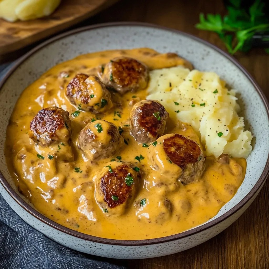 Hackbällchen in cremiger Sauce mit Kartoffelpüree