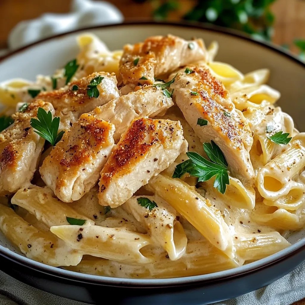 Zarte Hähnchenstreifen mit cremigen Nudeln in sahniger Sauce